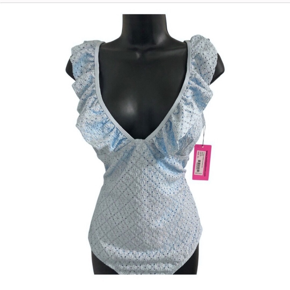 Betsey Johnson Clear sky blue 1piece Ruffle strap eyelet Swimsuit size small new
